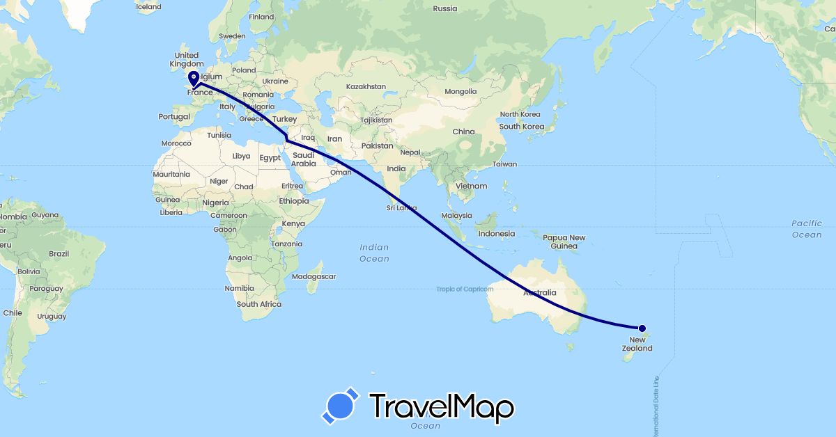 TravelMap itinerary: driving in United Arab Emirates, France, Jordan, Lebanon, New Zealand (Asia, Europe, Oceania)